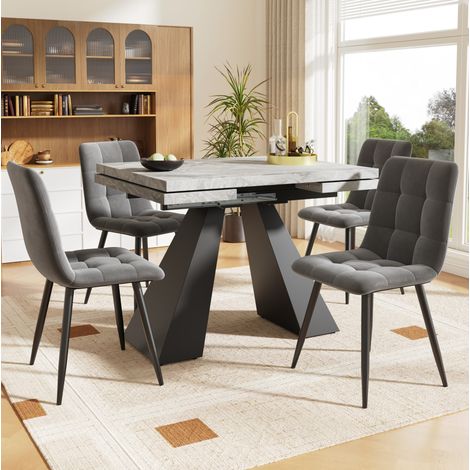 Ensemble de salle à manger extensible MDF effet marbre gris et métal avec 4 chaises en velours gris, table 99-159x74x77 cm