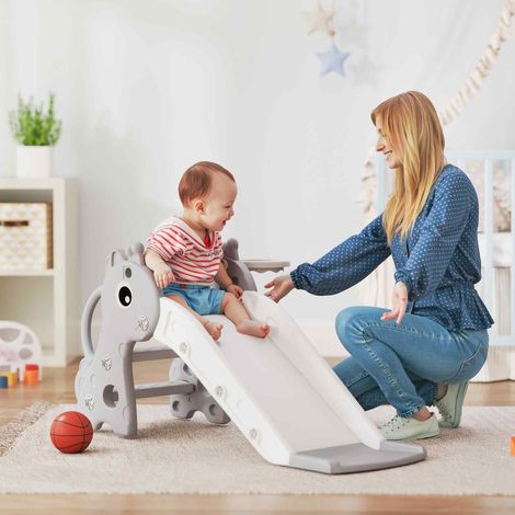 Toboggan pour enfants 3 en 1 en forme de girafe avec panier de basket escalade et ballon 106 x 51,5 x 52 cm - gris
