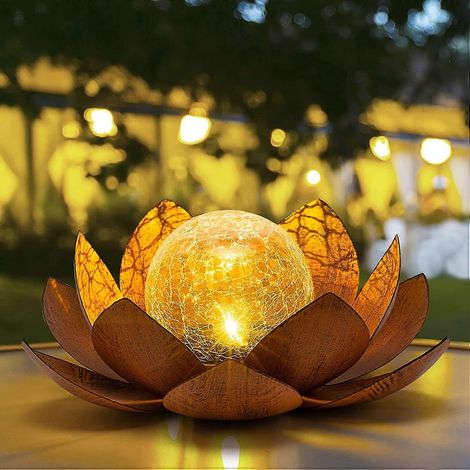 Lampe solaire d'extérieur (1 pièce), globe décoratif en verre craquelé en forme de lotus, lampe solaire LED étanche en métal bleu en forme de fleur pour terrasse, pelouse, allée, table. (1/5)
