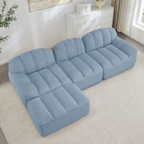 Divano angolare modulare a L 3 posti con 1 ottomano, schiuma 32D, tessuto blu REDOM (1/5)