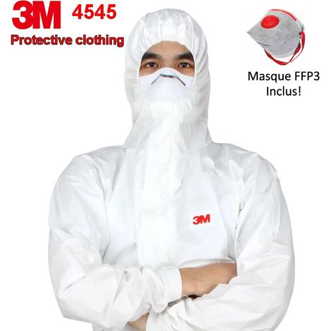 PACK Vêtements de protection à capuche Combinaison 3M 4545, Taille L + Masque FFP3 - Contre particules sèches éclaboussures chimiques Anti-poussière