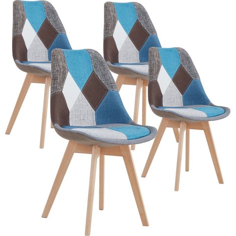 Wokaka Set di 4 sedie da pranzo in lino con gambe in faggio massiccio, design patchwork retrò multicolore, sedie imbottite (Blu) (1/5)