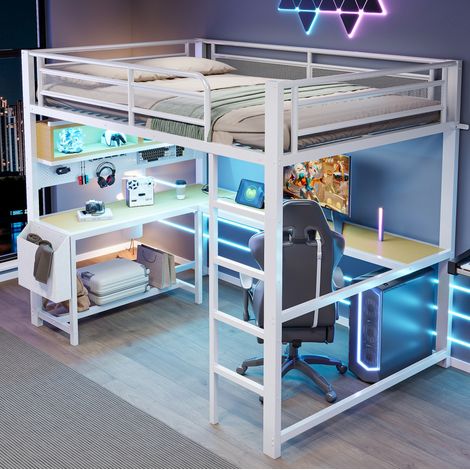 Gaming-Hochbett 140x200 cm mit Schreibtisch, LED und USB-Anschlüssen HAVRYA (1/5)