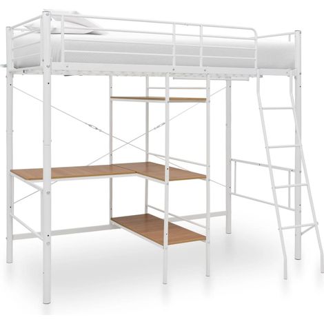 Lit mezzanine rmétal blanc avec bureau bois naturel Kozty 90x200 cm (1/5)