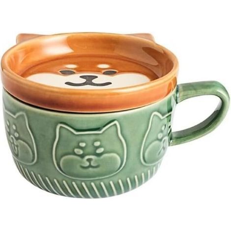 Coffee Cup, Creative Ceramic Tea Cup, Shiba Coffee Cup with Lids, Breakfast Cup, for Spout Cup (1/4)