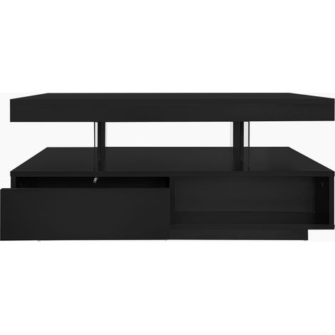 Table basse noire finition brillante 95 x 50 x 42,5 cm avec 4 inserts en verre, 2 tiroirs et 2 niches ouvertes pour salon et séjour (1/5)