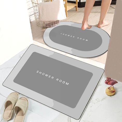 Tapis de Bain Absorbent Rapide Séché Tapis Anti-Dérapant Entrée Porte Moderne Gris Lumière Ellipse 40x60cm Crystal Velvet 620g
