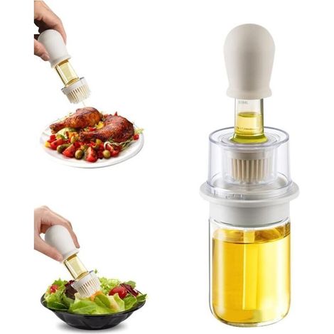Distributeur d'huile avec brosse 2 en 1 180 ml Distributeur d'huile d'olive et bouteille de vinaigre avec pinceau à pâtisserie en silicone pour cuisine barbecue salade cuisson au four (Blanc)1pcs (1/5)