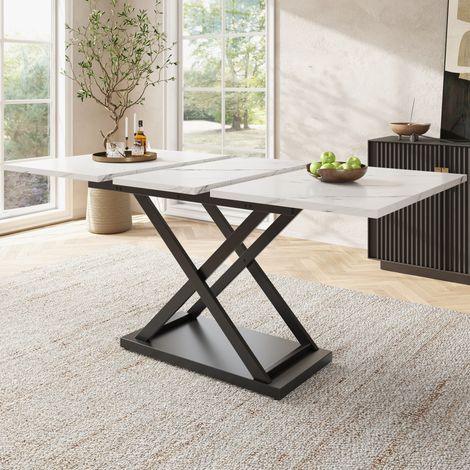 Esstisch 120-160x80x75 cm Weiß Schwarz MDF und Metall ausziehbar mit Kreuzbeinen (1/5)