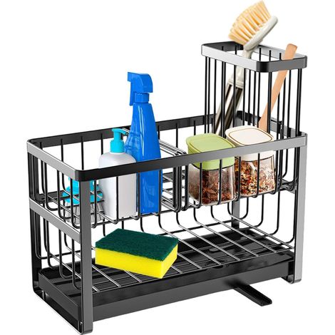 Couches Porte Eponge Evier Cuisine 9.1in Organisateur D'Évier en au Carbone Organiseur Amovible avec Égouttoir Brosse de Nettoyage Acier (1/5)