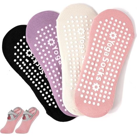 4 pares de calcetines de yoga antideslizantes de algodón para mujer, con agarres, para danza, ballet y fitness, talla 36-39. (1/5)