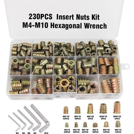 230-teiliges Set aus Sechskant-Gewindeeinsatzmuttern aus Zinklegierung mit Außengewinde M4, M5, M6 und M8 für Mutternwerkzeug-Sets zur Holzmöbelherstellung
