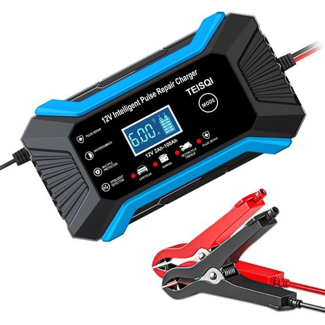 Chargeur de batterie de voiture, chargeur d'entretien intelligent 12 V 6 A, désulfateur et mainteneur de batterie automobile 12 V (bleu) (1/5)