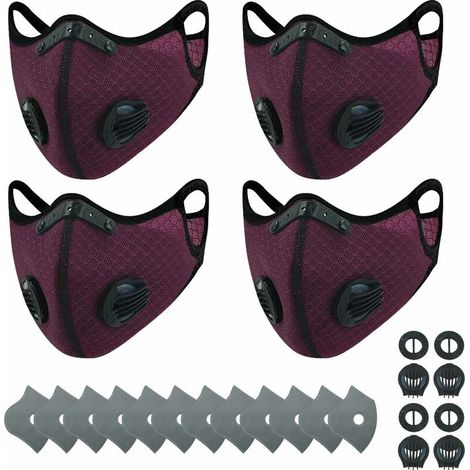 Masque de cyclisme charbon actif anti-poussière PM2.5 sports de plein air maille hommes et femmes vélo hiver masque de chaleur violet foncé 3I2) masques de sport 4 + 12 filtres + 24 valves re (1/5)