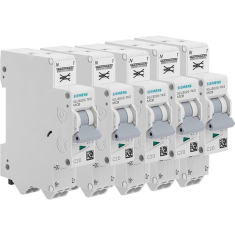 Siemens – Lot de 5 disjoncteurs unipolaires 20A – Courbe C 4.5kA – Raccordement par câble rigide 1,5 ou 2,5mm² – IP20 pour protection circuits