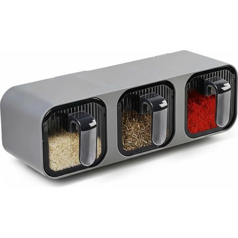 Boîte Assaisonnement Mural 300ml, Boîtes à Épices de Cuisine avec 3 Cuillières, Récipient à Sel et à Sucre Anti Humidité, Pot de Conservation Condiment pour Plan de Travail, Armoire (3 Grids) (1/5)