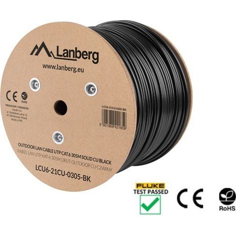 Bobina di Cavo Rete Esterno Lanberg LANBERG Cat.6 UTP RJ45 Solido in Rame AWG24 305m Testato Fluke Nero (1/4)