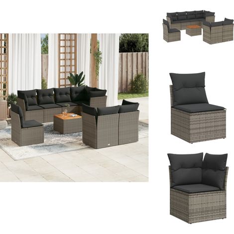 9-tlg. Garten-Sofagarnitur mit Kissen Grau Poly Rattan - Gartenmöbel Set - PE-Rattan Möbel - Outdoor Sofa - Esstisch - Lounge Set (1/5)