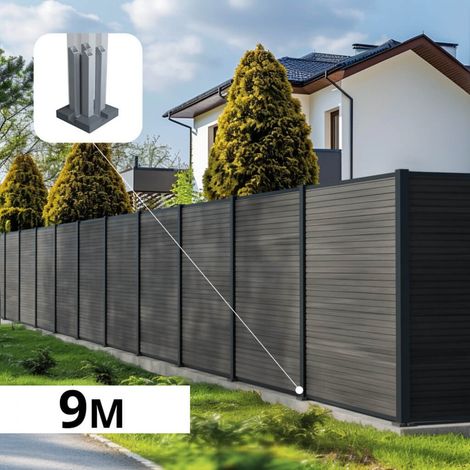Kit Clôture Composite SANTOS Ardoise 9x1,8m - Bois composite & Aluminium - Poteaux sur Platines Gris - Brise vue - Palissade