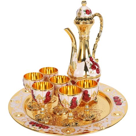 Ensemble de tasses à vin vintage style européen rétro, comprenant une cafetière et un plateau. Sculptures raffinées en alliage de zinc. Idéal pour caves à vin et comptoirs de bar. Disponible en or, bl (1/5)