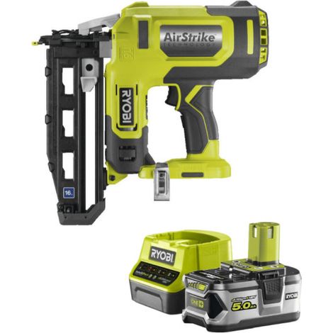 Confezione RYOBI 18V OnePlus R16GN18-0 Chiodatrice ad aria compressa - 1 batteria 5.0Ah - 1 caricatore rapido RC18120-15