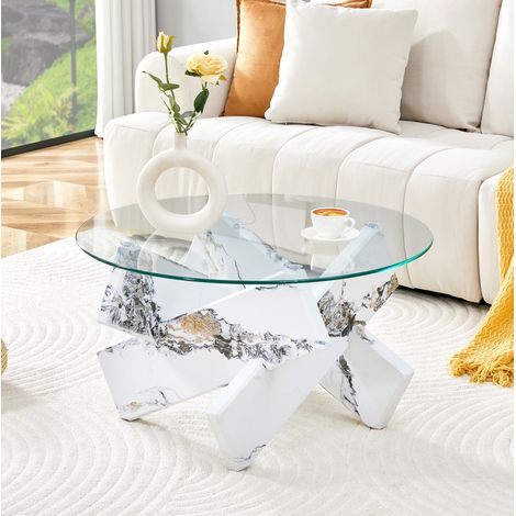 Mesa de centro redonda 79x79x45 cm transparente y blanca en MDF y vidrio templado con base cruzada (1/5)