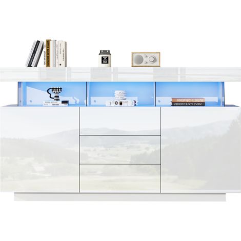 ELVMI Credenza con 2 Ante Scorrevoli, 3 Cassetti e LED a 16 Colori per Sala da Pranzo, Bianca, 140 x 35 x 80 cm (1/5)