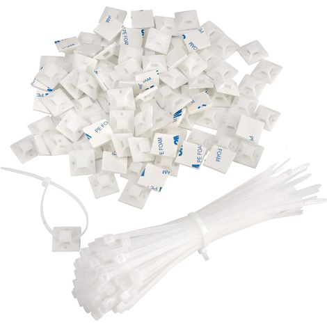 Pack of 100 White Adhesive Cable Ties 150 x 3.6 mm  Plastic clamp, self-adhesive supports, management of all types of cables (1/5)