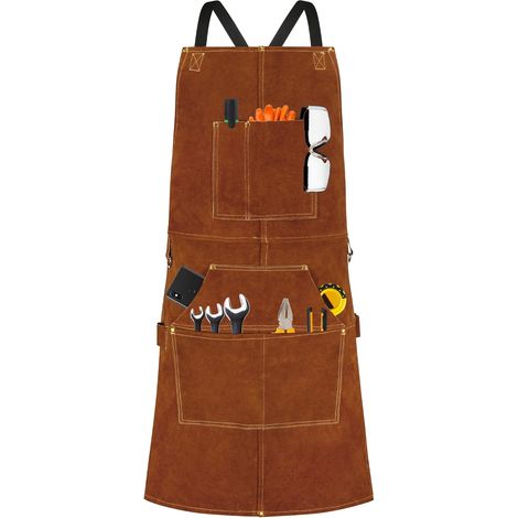 1 - Tablier De Soudure - Cuir Professionnel - Protection Anti-flamme Avec 6 Poches - Pour Soudeur Et Forgeron - Marron - Taille Unique