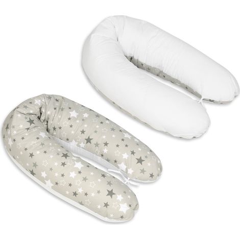 Cojín de lactancia - Cojín de embarazo - 100% algodón - con cordones - 145 cm - blanco/gris estrellas sobre gris - blanco