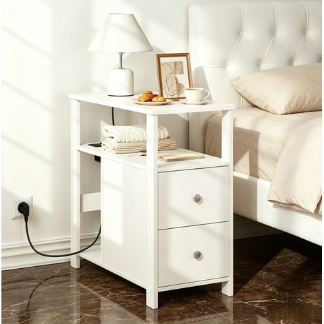 Mesa auxiliar con enchufe, 2 cajones, 60 x 30 x 35 cm, blanca HAVRYA (1/5)