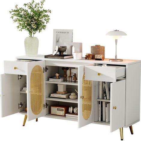 Credenza con 4 Ante e 2 Cassetti, Ripiani Regolabili in Altezza, Stile Moderno, in Pannello Truciolare, Bianco e Naturale, 140×35×82 cm (1/5)