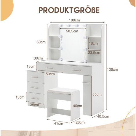 Schminktisch 100x40,5x136 cm weiß mit Schiebespiegel, LED und Stauraum, MDF, MEUBLIV (1/5)