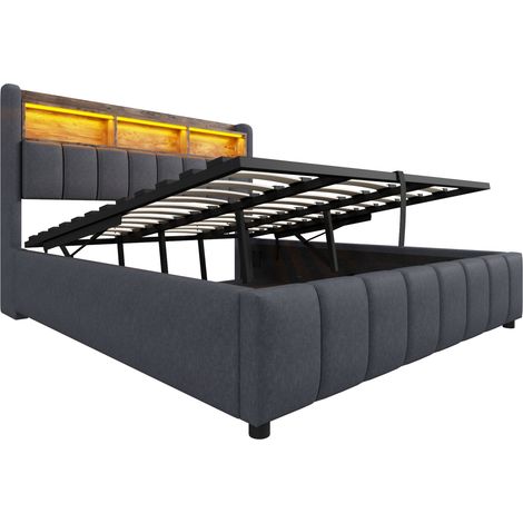 Cama tapizada 180x200 cm con LED, USB-C y arcón hidráulico en tejido gris MODENUIT (1/5)