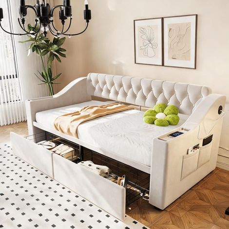 Cadre de lit beige en upholstered 214,5 x 96 x 78,5 cm (1/5)