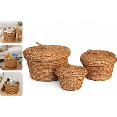 Lot de 3 paniers de rangement en osier et corde de papier tresses, finition naturelle, format scandinave, structure stable et durable, rangement immediat sans montage, dimensions 28 x 28 x 17 cm (1/5)