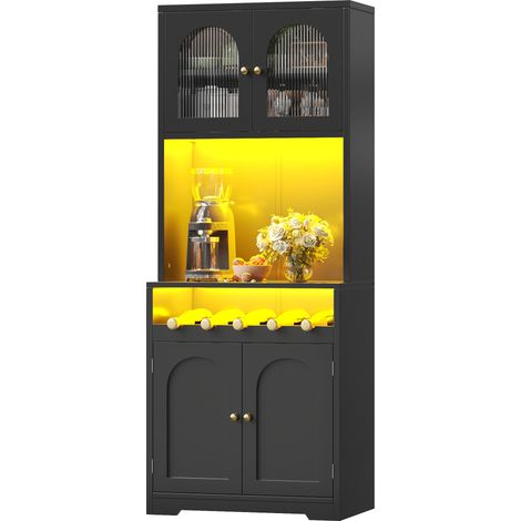 CHICFURN Mueble buffet alto negro de 180 cm con LED RGB por app, puertas de vidrio curvado, botellero, anti-vuelco y estantes regulables para cocina y comedor (1/5)