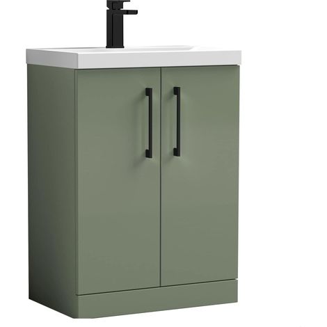 Balterley Bramshall Contemporary Floor Standing 2-Door Vanity & Mid-Edge Basin, Satin Green, 600mm
