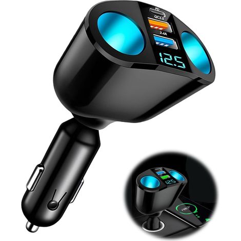 1 Chargeur Allume-Cigare, 2 Prises 12V/24V, Port USB Type C PD 30W, QC3.0 2.4A, Voltmètre LED, Pour Voiture Camion GPS (1/5)