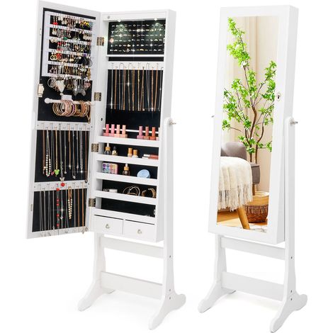 Armoire à bijoux blanche avec miroir pleine longueur, éclairage LED et rangement verrouillable pour chambre et dressing (1/5)
