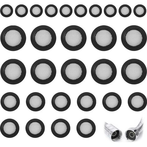 30 Pièces Rondelle Caoutchouc, Joint Robinet avec Filtre, Compris 3/4, 1/2, 1 Pouce, D'étanchéité avec Maille Plate Noir, Bonne Étanchéité, pour Douches, Tuyaux, Robinets (1/5)