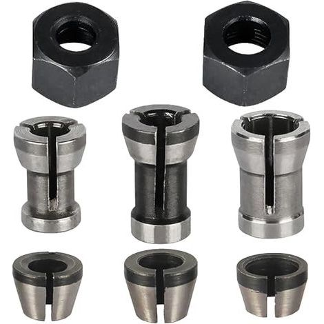 Jeu de 8 pinces de serrage, accessoires pour défonceuse Einhell, Katsu, Bosch et Dewalt, 6 adaptateurs de serrage (6 mm, 6,35 mm, 8 mm) + 2 écrous pour machine à graver (1/5)