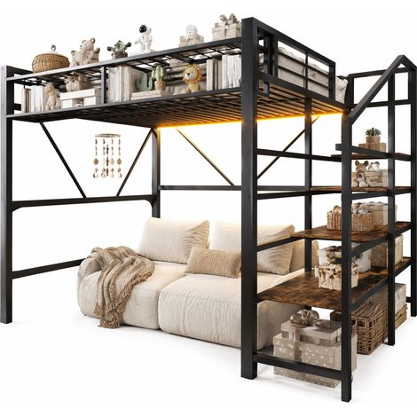 Lit mezzanine 140 x 200 cm en métal et MDF, avec étagère d’escalier, rangement ouvert, panier et LED multicolore, noir, CHICFURN (1/5)