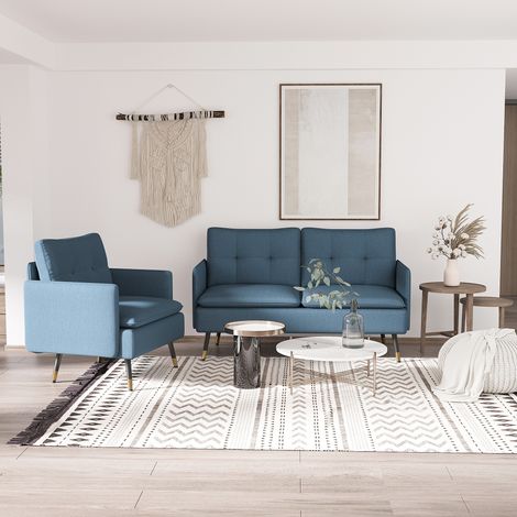 Fauteuil moderne pour salon et chambre à coucher avec assise rembourrée et tissu effet lin, 72x70x80 cm, bleu (1/5)