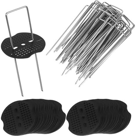 50 Pièces Sardines de Fixation + 50 Pièces Rondelle, 150×4mm,Ø2,5 mm, 15CM Forme De U Résistant à La Rouille, Piquets de Sol Galvanisés, pour Clôture, Bâche, Gazon Artificiel, Herbes (1/5)