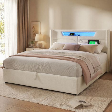 Letto contenitore matrimoniale 160x200 cm con LED, ricarica USB e Type C, rete a doghe, in tessuto beige, senza materasso (1/5)