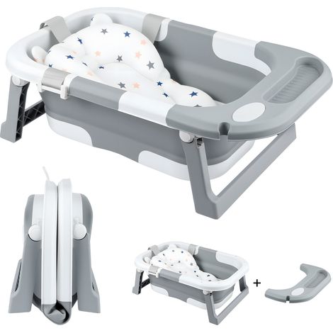 JF HOME BLISS Foldable Baby Bathtub Portable Collapsible Infant Tub with Seat Support & Heat-Sensitive Drain Newborn to Toddler (0-36 Months) Safe, Non-Slip & Space-Saving (Grey) (1/5)