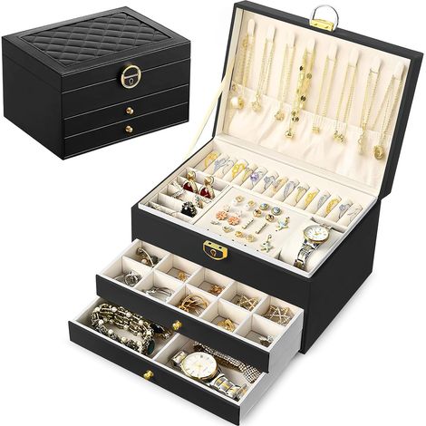 Boîte à Bijoux Femme Grande en Cuir PU Imperméable, Organisateur à Bijoux pour Femme avec Serrure, Coffret 3 Couches pour Colliers, Bagues, Boucles d'oreilles, pour Fille Noir (1/5)