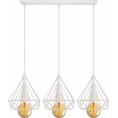 3 Lumières Lustre Vintage Suspension Luminaire Forme de Diamant Métal Plafonnier Industriel Cage Éclairage E27 pour Salle à Manger, Salon, Café, Bar - Blanc BLOW (1/5)