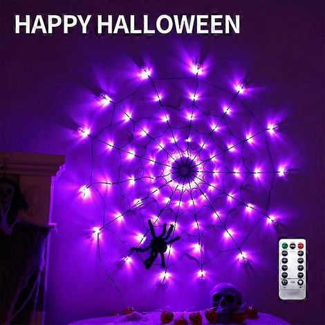 Cadeaux pour Halloween- 1 Diameter Solar Spider Web Lights 60LED 8Mode Spider Net Lights For Party Yard Garden Bar Haunted House Decor (1/5)